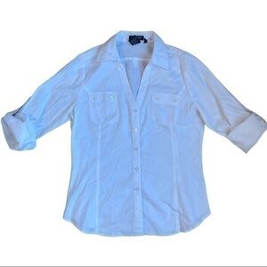 Cotton Express missy size Large with stretch white collared v cut button down